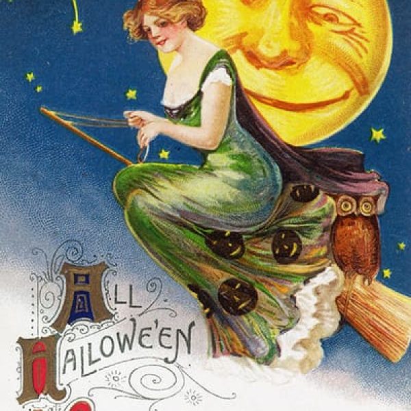 Vintage Green Witch On Broom Magnet