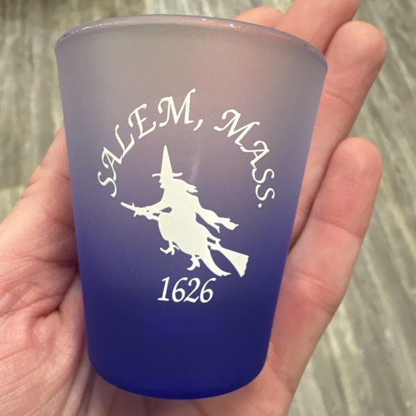 Salem, Mass 1626 Frosted Shot Glass Blue