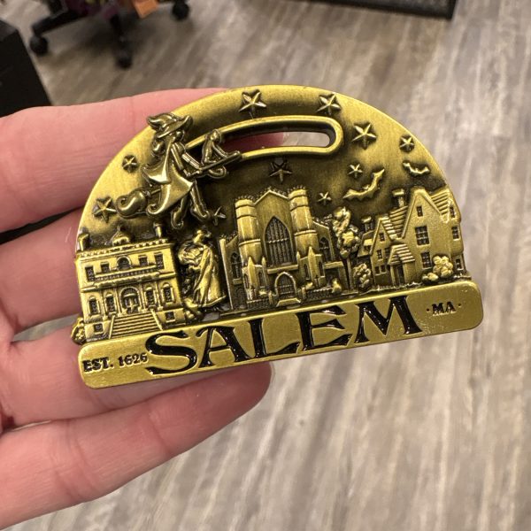 Salem Witch Flying Over City Magnet Gold